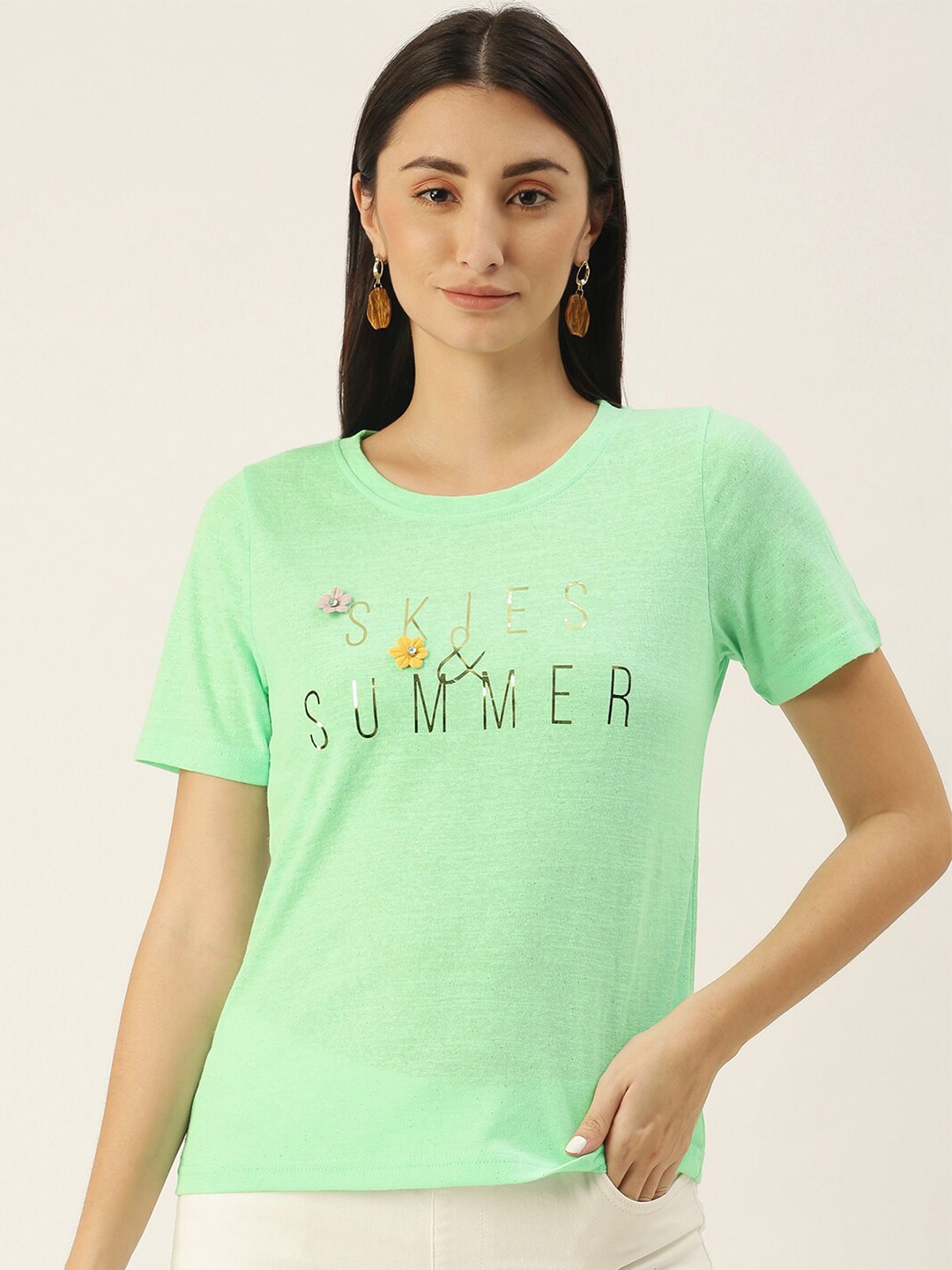 

SHECZZAR Typography Print Round Neck Cotton T-shirt with Floral Applique Detail, Green