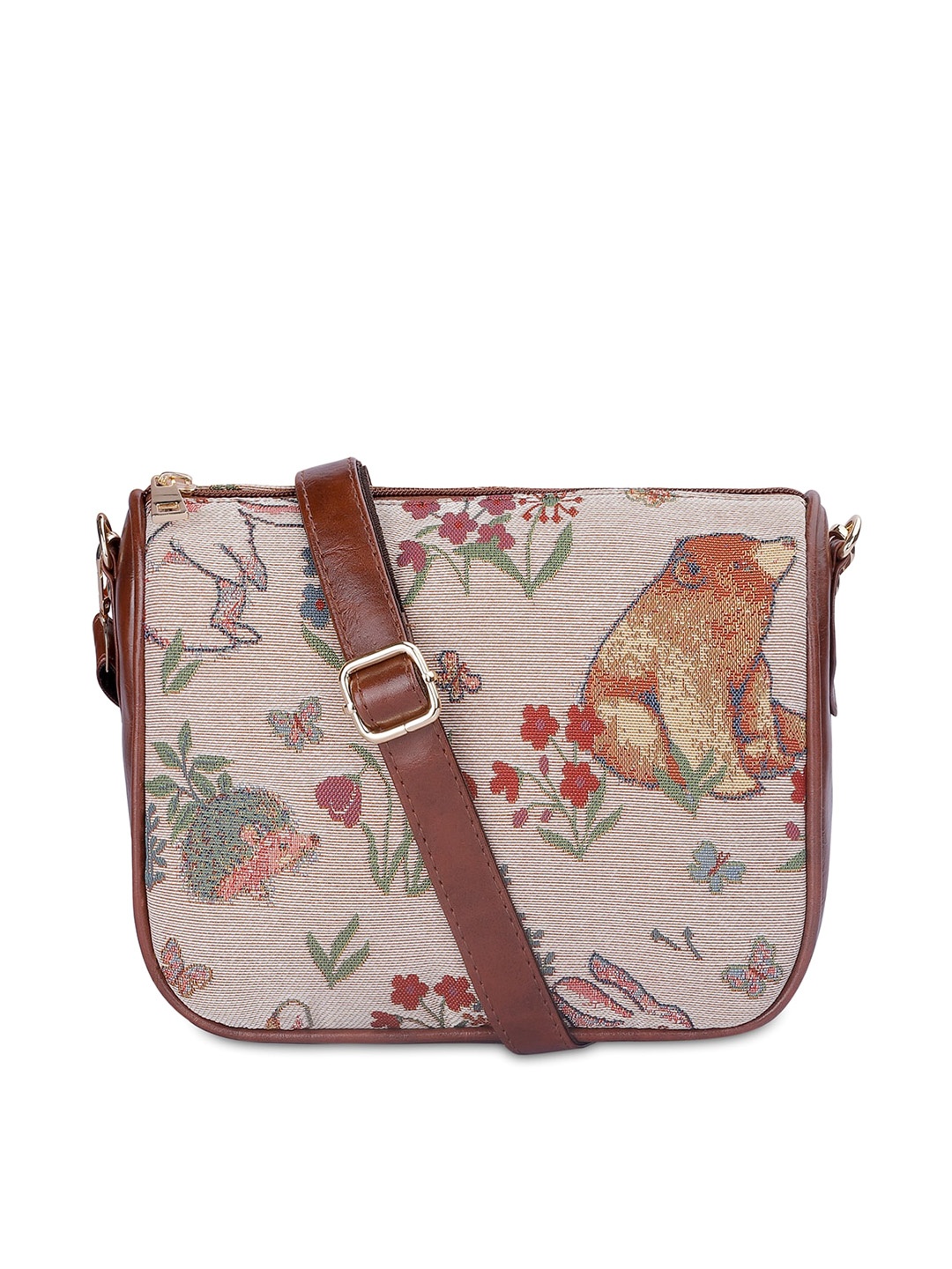 

THE CLOWNFISH Animal Printed Structured Fabric Sling Bag, Off white