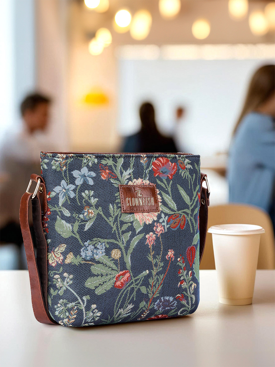 

THE CLOWNFISH Floral Printed Oversized Structured Sling Bag, Blue