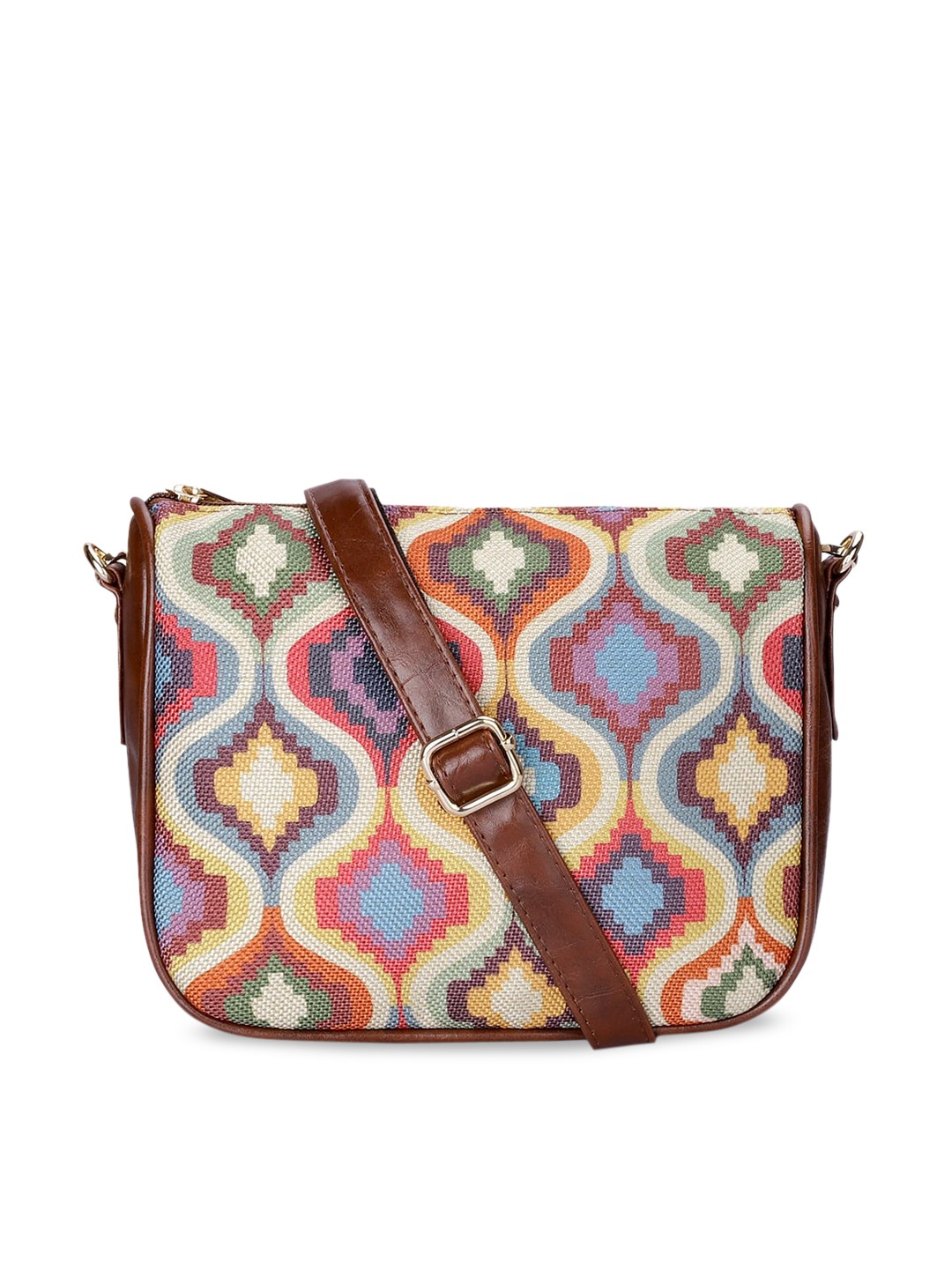 

THE CLOWNFISH Printed Geometric Textured Structured Jute Sling Bag, Off white