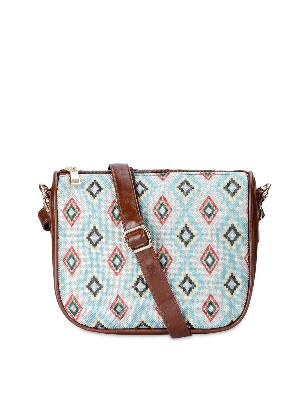 

THE CLOWNFISH Garnet Printed Geometric Half Moon Jute Sling Bag, Turquoise blue
