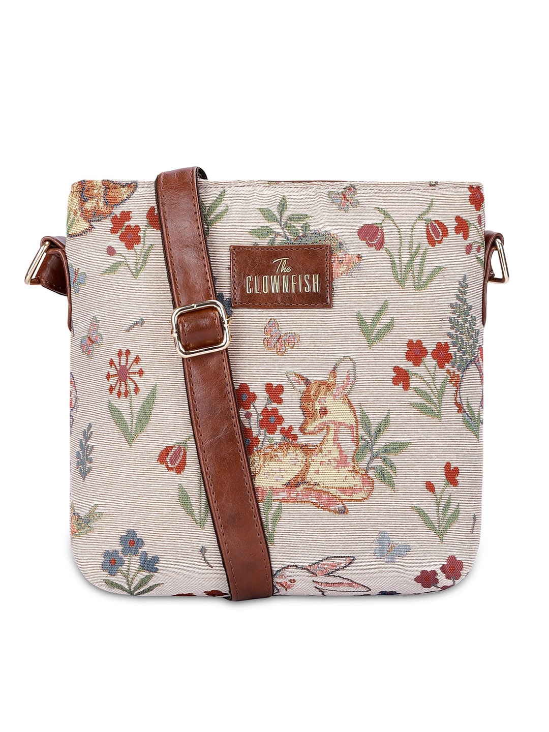 

THE CLOWNFISH Floral Printed Structured Sling Bag, White