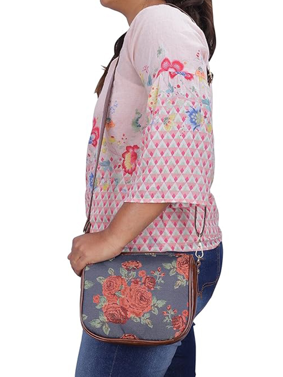 

THE CLOWNFISH Navy Blue Floral Printed Structured Sling Bag