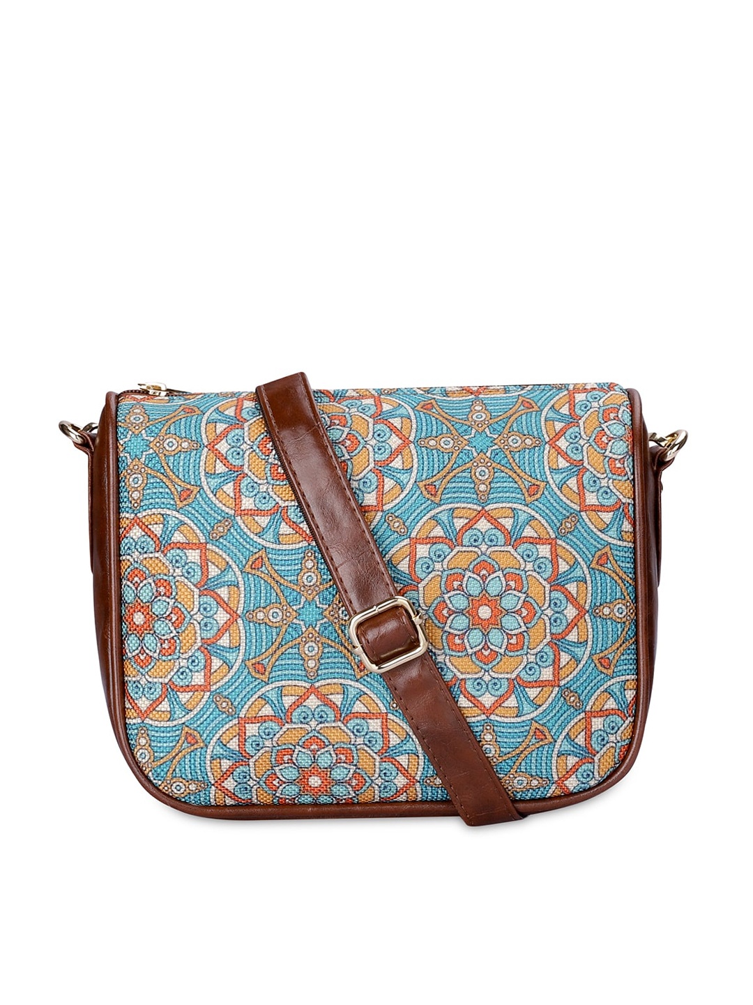 

THE CLOWNFISH Garnet Detachable Strap Jute Motifs Printed Structured Sling Bag, Turquoise blue