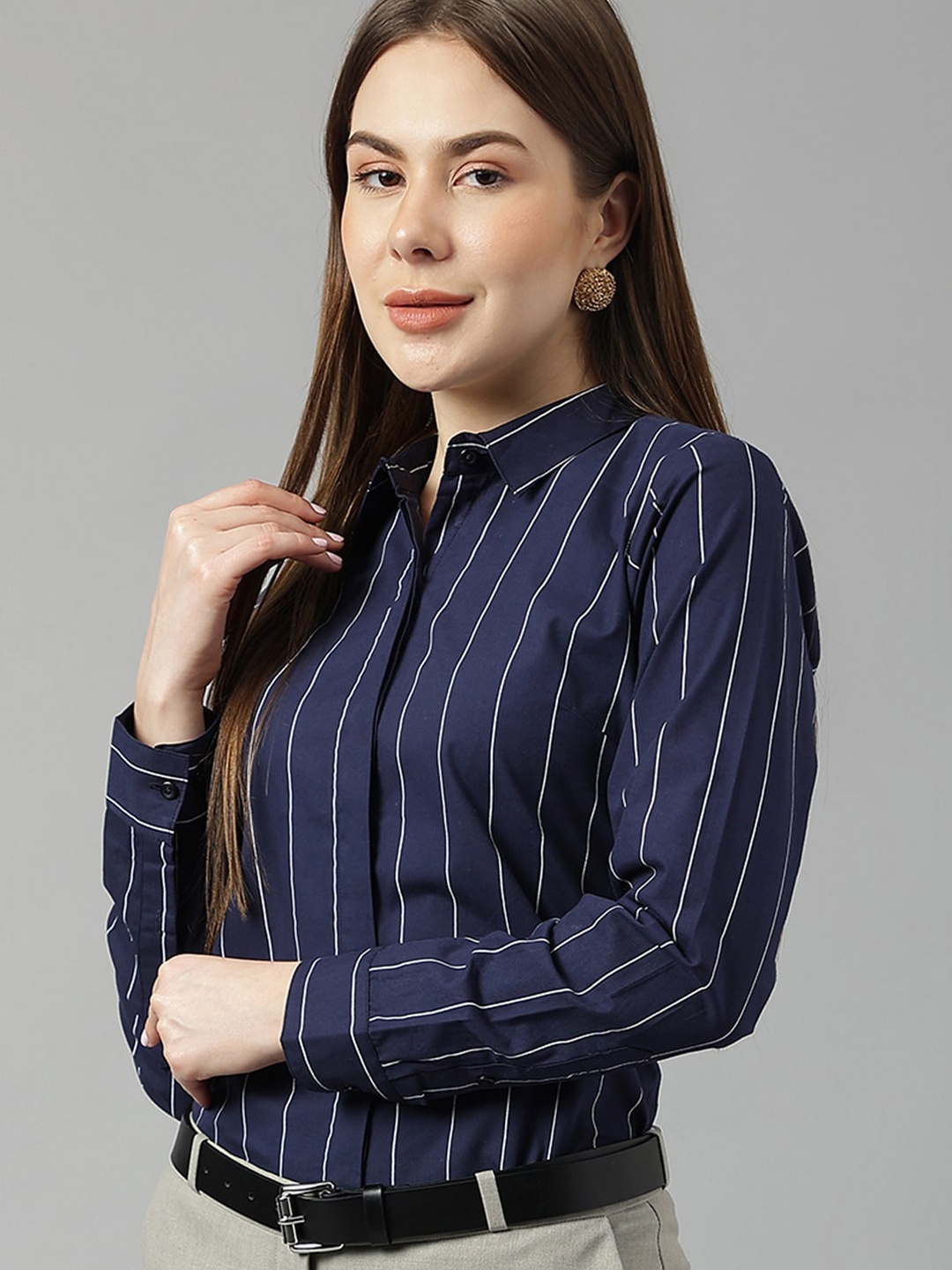 

Hancock Sharp Slim Fit Vertical Striped Cotton Formal Shirt, Navy blue