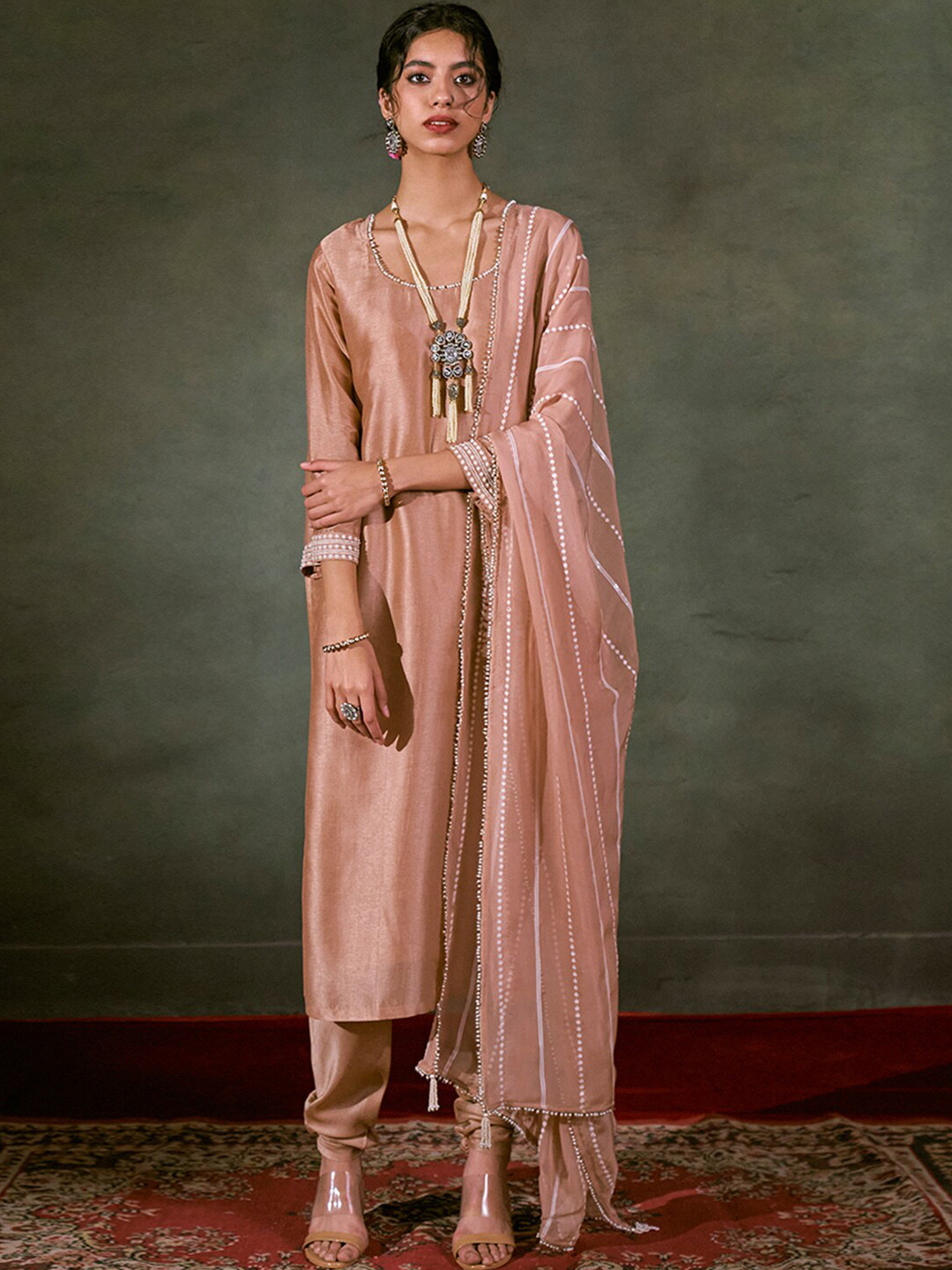 

Ganga Women Round Neck Pure Silk Kurta with Churidar & Dupatta, Beige