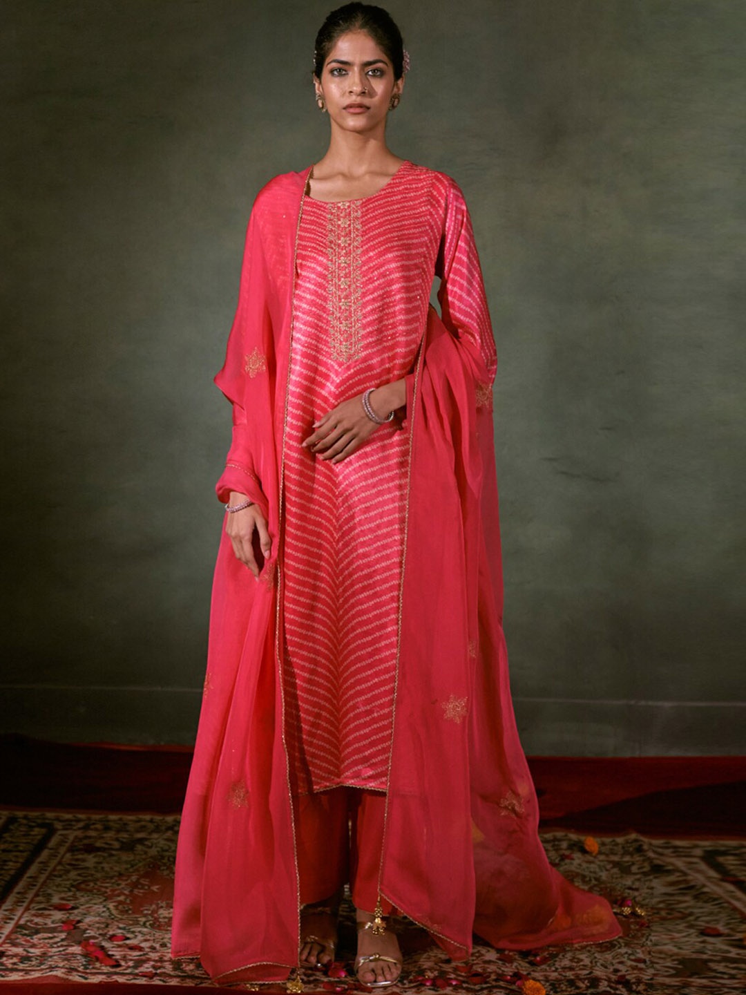 

Ganga Bandhani Printed Zari Embroidered Kurta & Trousers With Dupatta, Pink