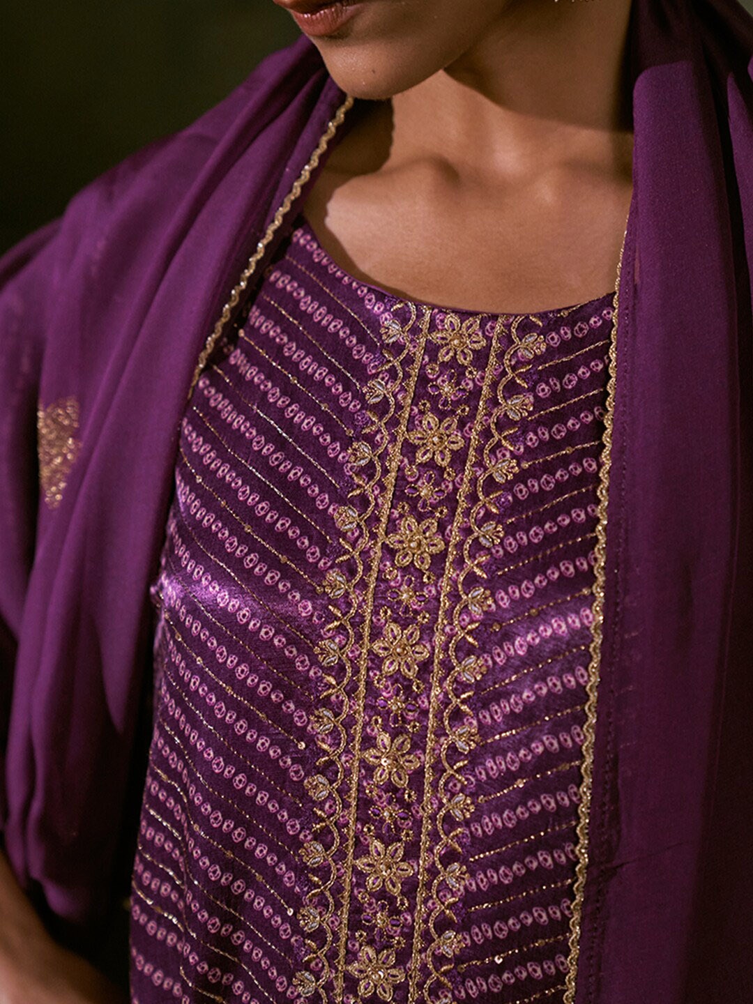 

Ganga Bandhani Printed Zari Work Kurta with Trousers & Dupatta, Purple