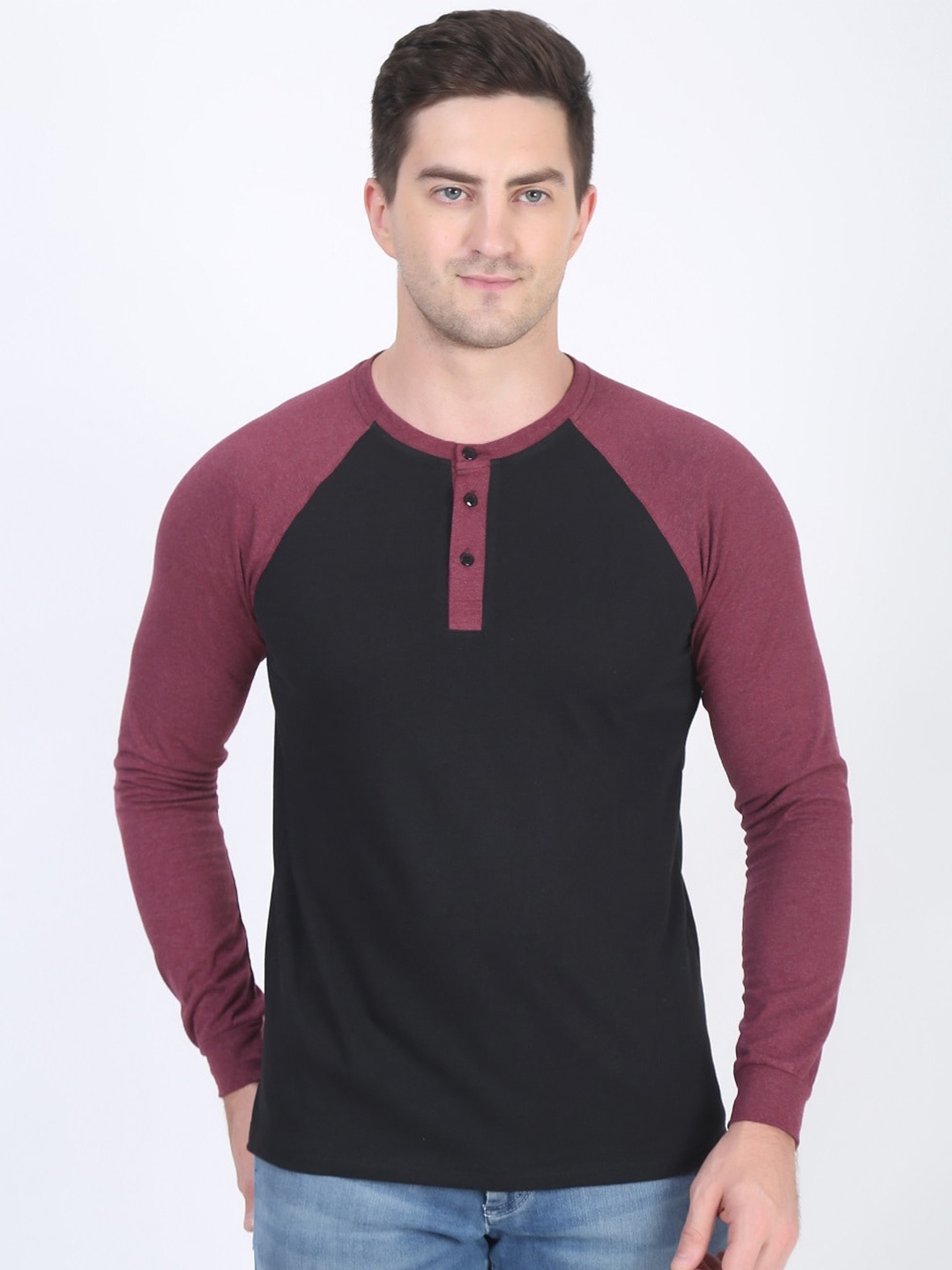 

DIAZ Colourblocked Henley Neck Cotton T-shirt, Mauve