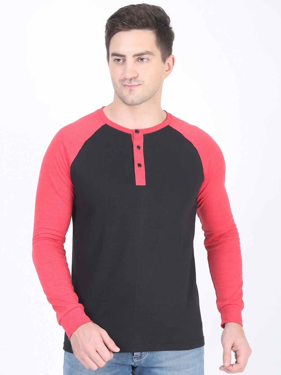 

DIAZ Colourblocked Cotton Regular Fit Henley Neck T-shirt, Black
