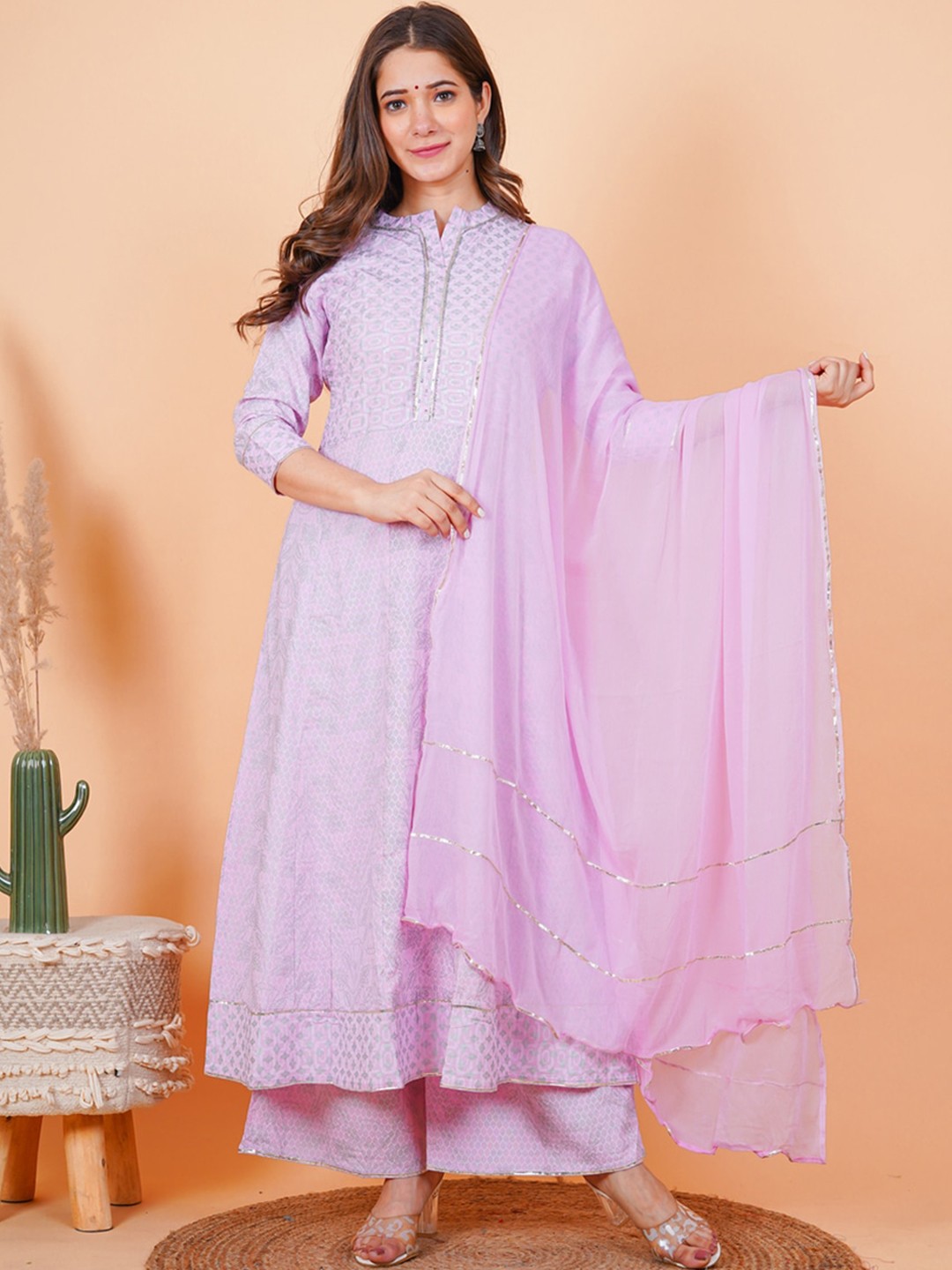 

TOULIN Ethnic Motifs Printed Gotta Patti Kurta with Palazzos & Dupatta, Lavender