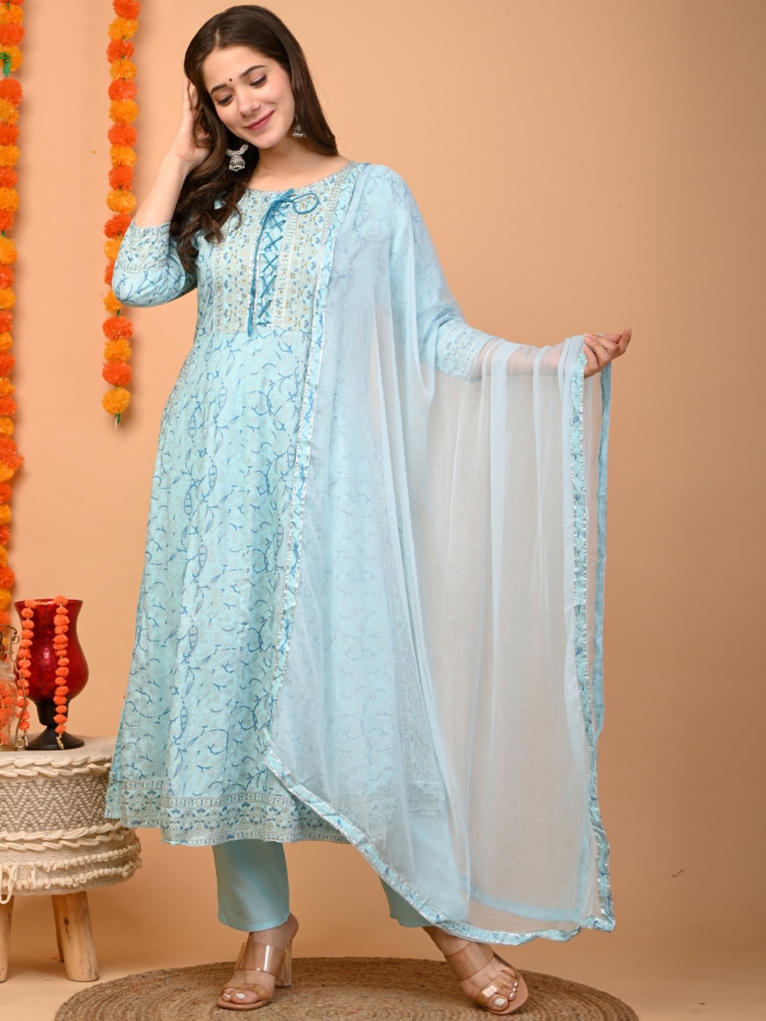 

TOULIN Floral Printed Kurta with Palazzos & Dupatta, Turquoise blue