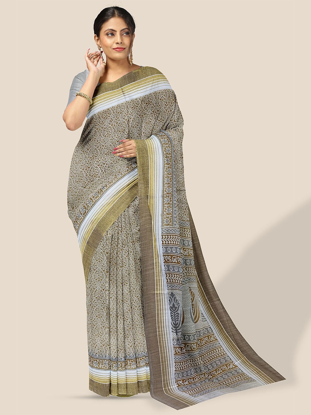 

The Chennai Silks Ethnic Motif Printed Pure Cotton Saree, Off white