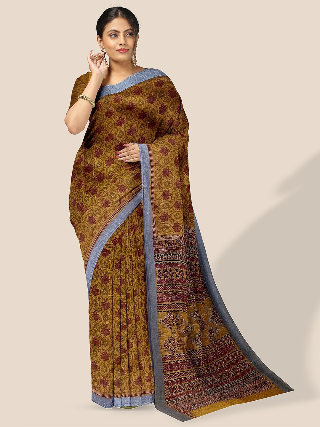 

The Chennai Silks Ethnic Motif Printed Pure Cotton Saree, Mustard