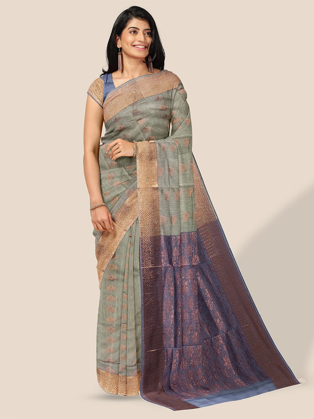 

The Chennai Silks Ethnic Motifs Woven Design Zari Silk Cotton Maheshwari Saree, Grey