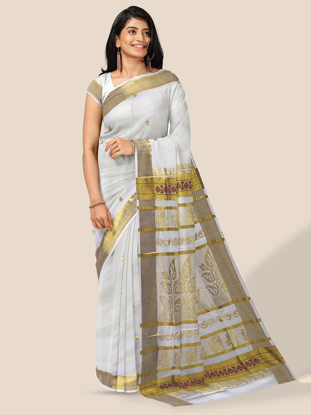 

The Chennai Silks Ethnic Motifs Woven Design Zari Pure Cotton Kasavu Saree, Off white