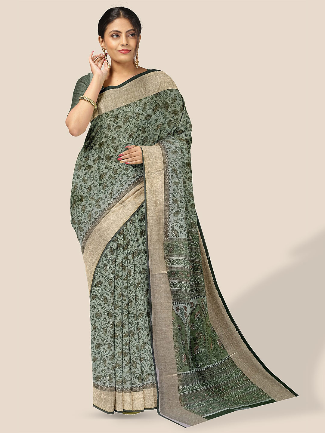 

The Chennai Silks Floral Printed Zari Pure Cotton Saree, Green