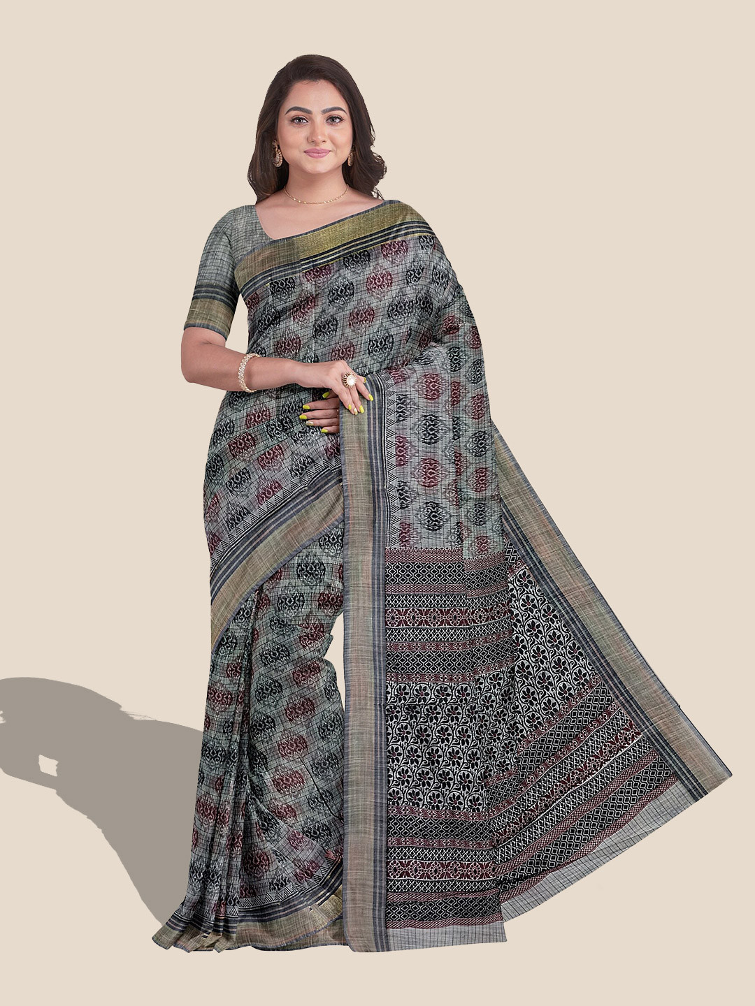 

The Chennai Silks Ethnic Motifs Printed Floral Zari Pure Cotton Saree, Grey