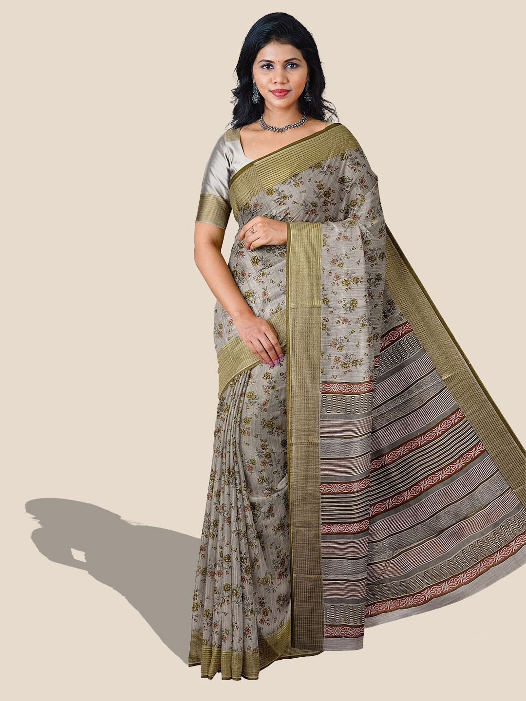 

The Chennai Silks Floral Printed Pure Cotton Saree, Beige