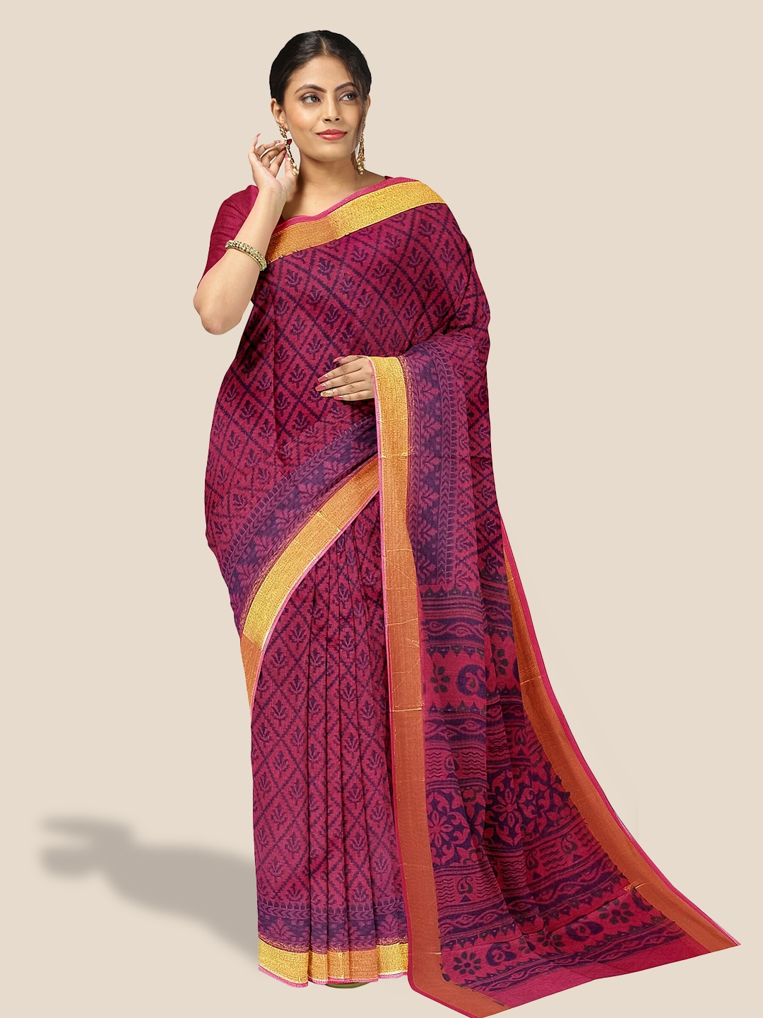 

The Chennai Silks Ethic Motif Printed Zari Pure Cotton Saree, Pink