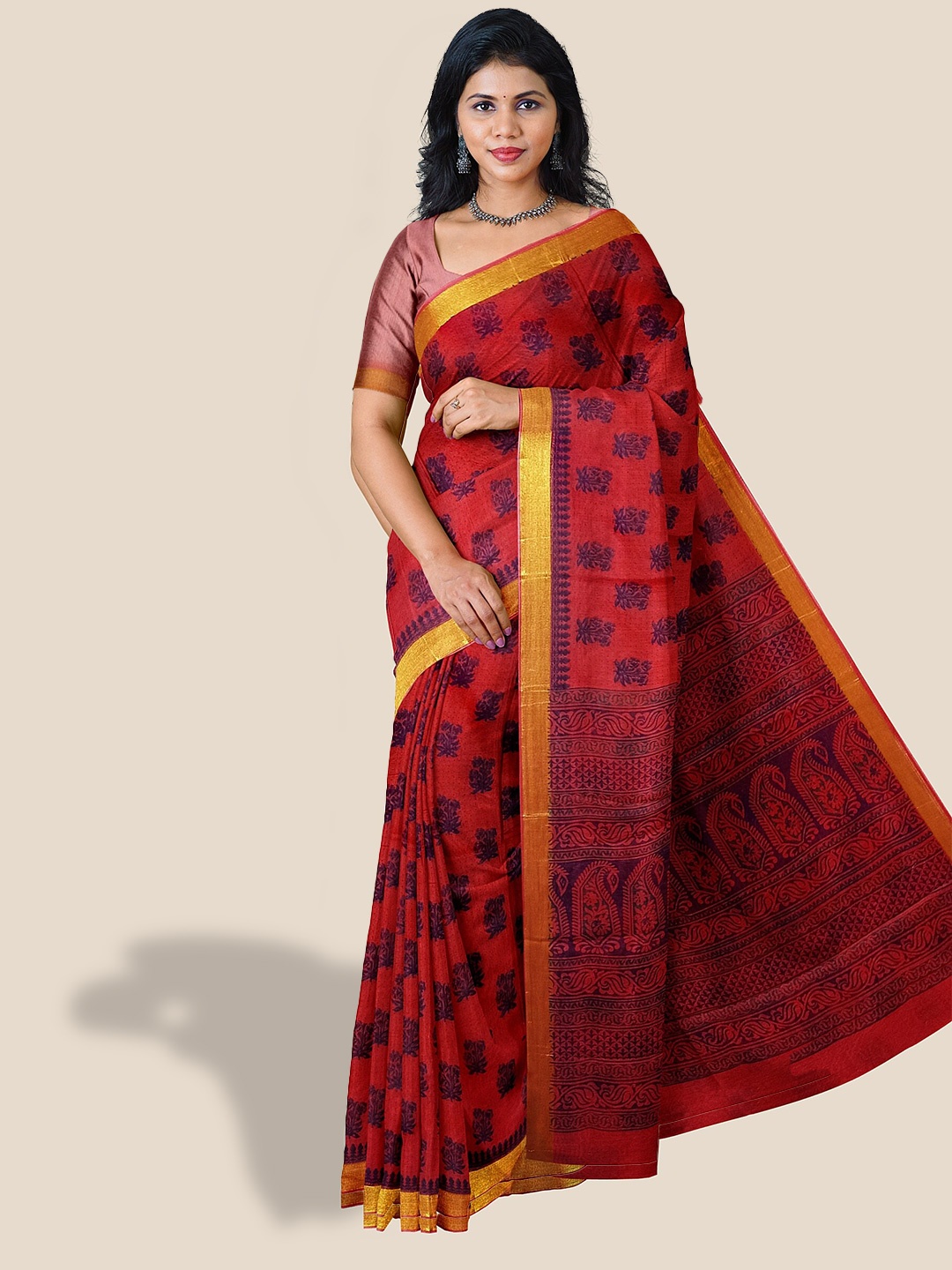 

The Chennai Silks Floral Printed Zari Pure Cotton Saree, Red