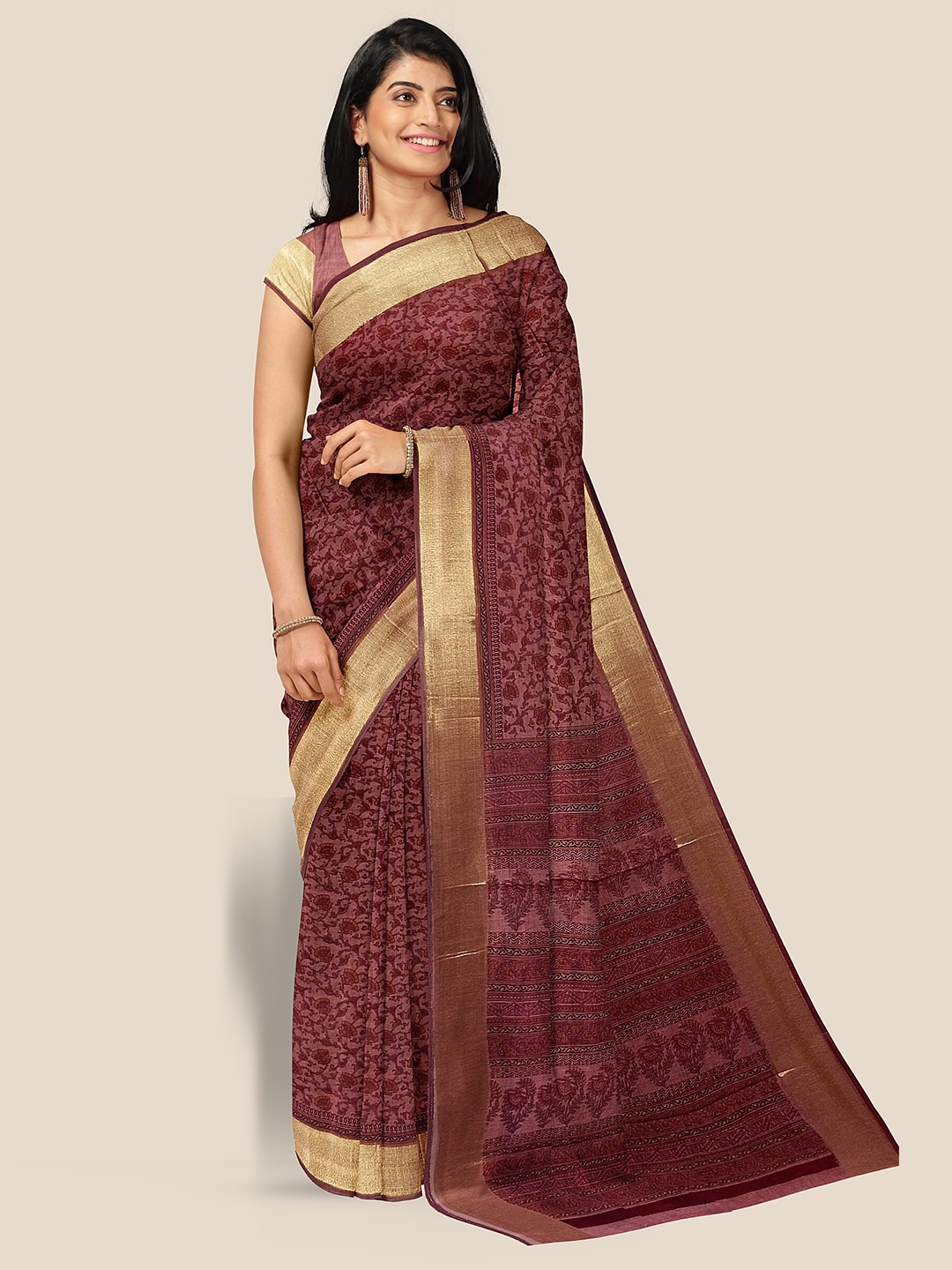 

The Chennai Silks Floral Printed Zari Pure Cotton Saree, Maroon