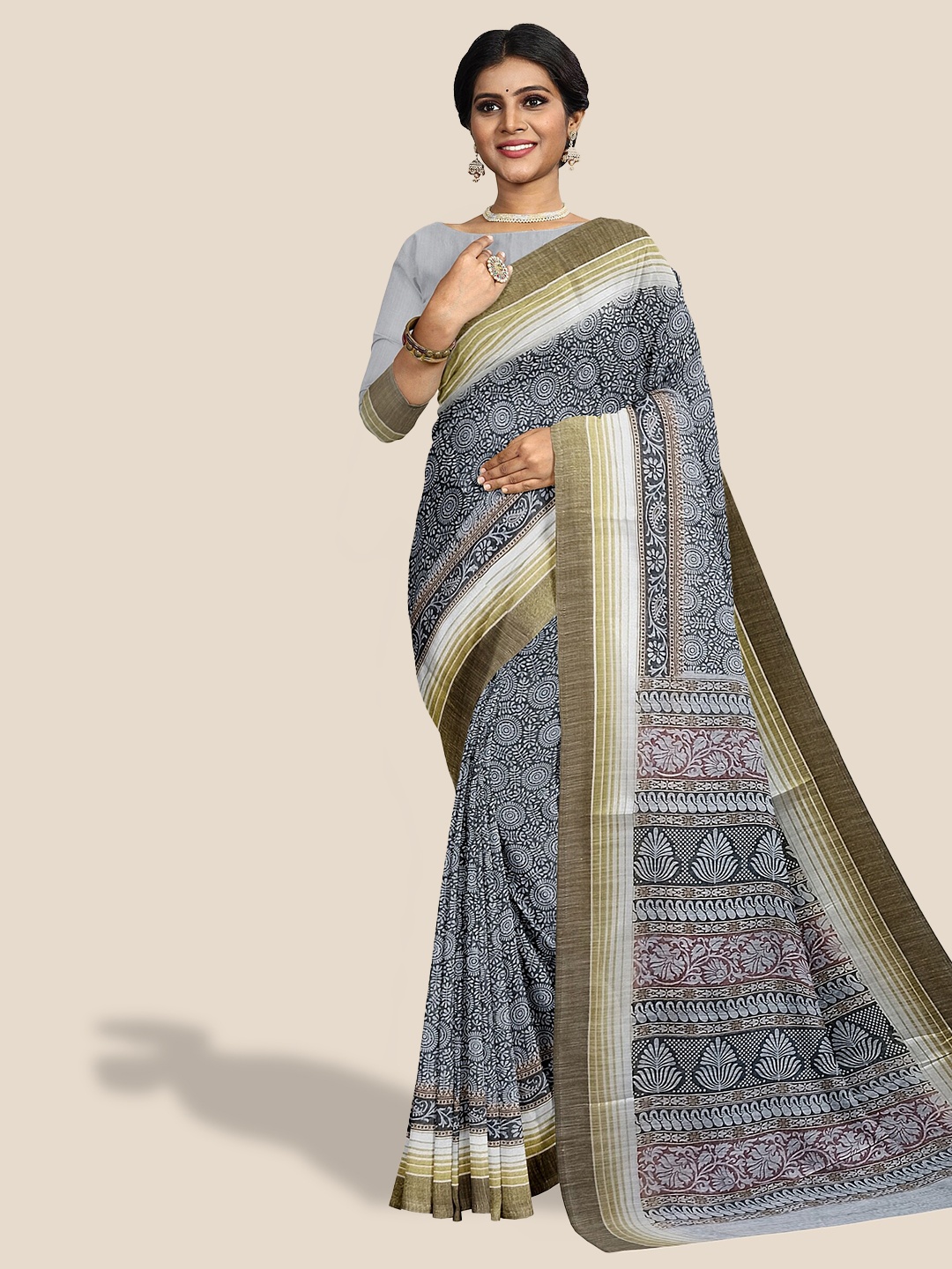 

The Chennai Silks Floral Printed Pure Cotton Saree, Brown