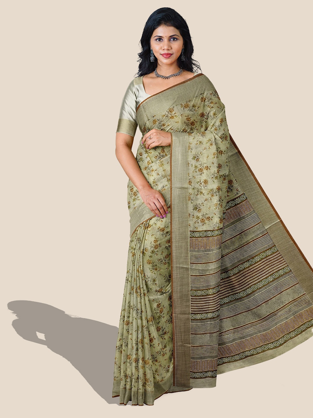 

The Chennai Silks Floral Printed Pure Cotton Saree, Green