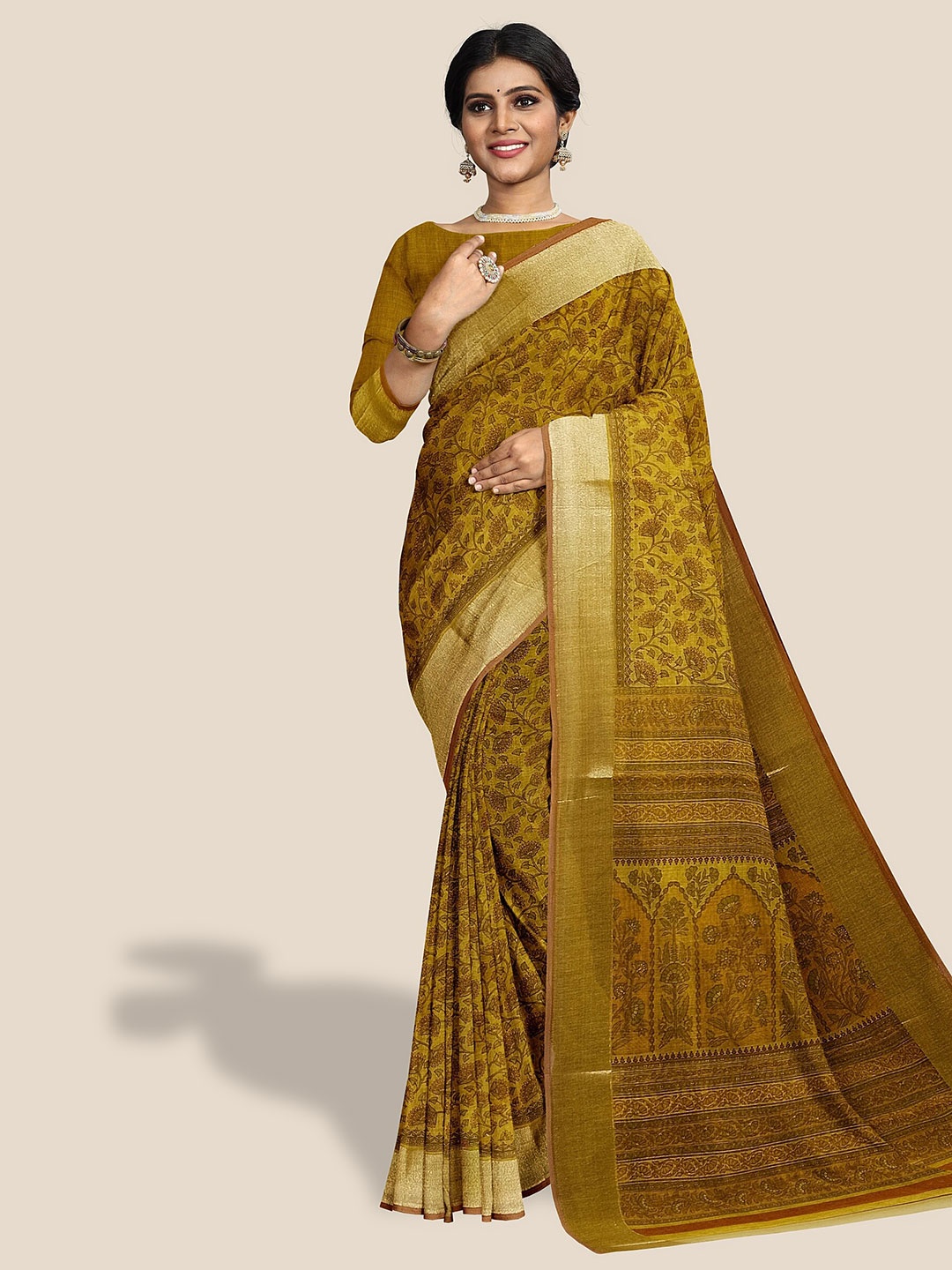 

The Chennai Silks Floral Printed Zari Pure Cotton Saree, Yellow