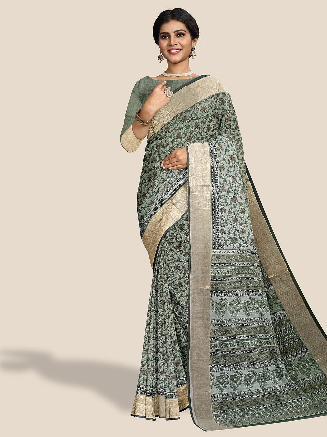 

The Chennai Silks Floral Printed Zari Pure Cotton Saree, Green