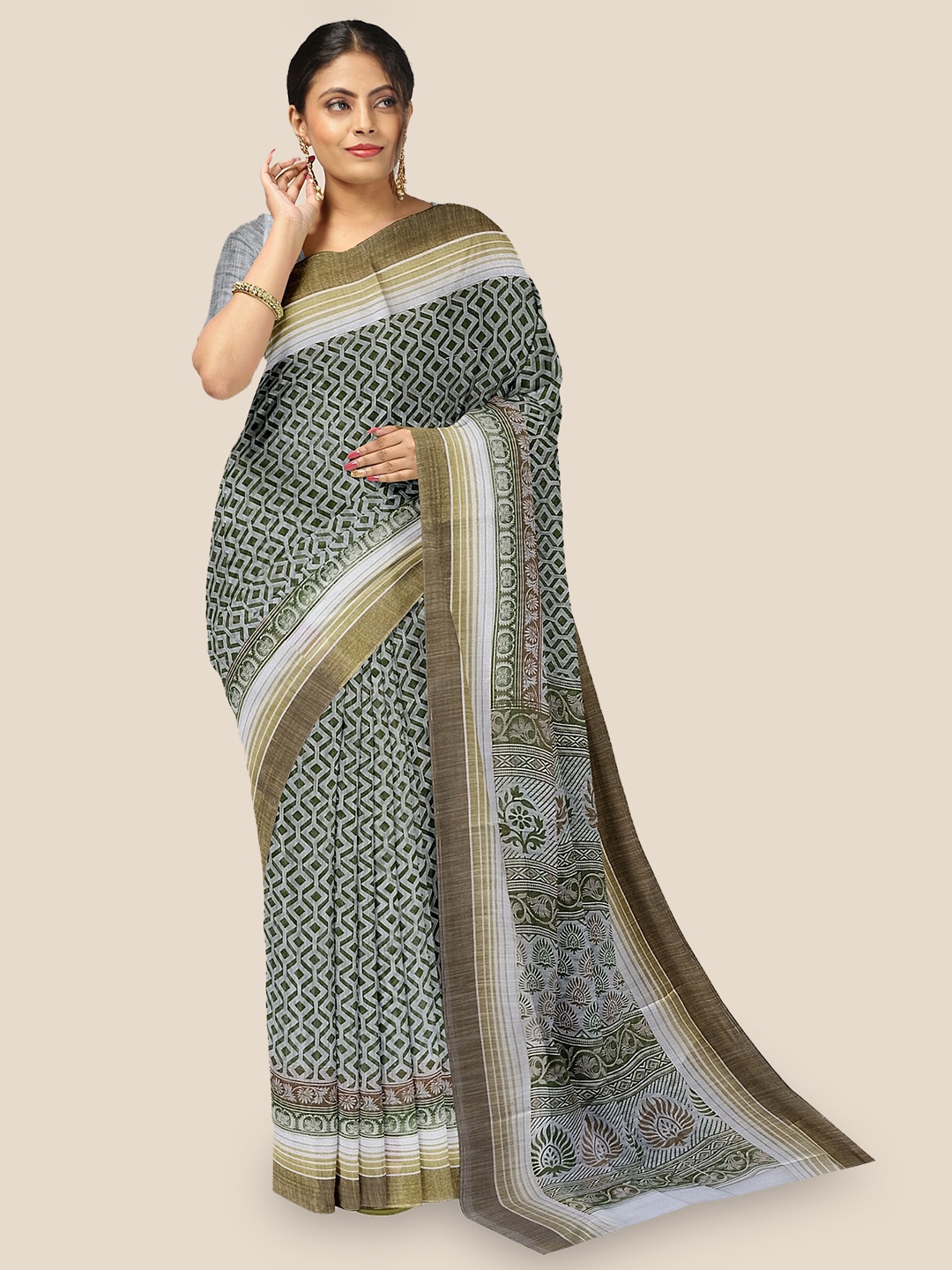 

The Chennai Silks Geometric Printed Zari Pure Cotton Saree, Olive