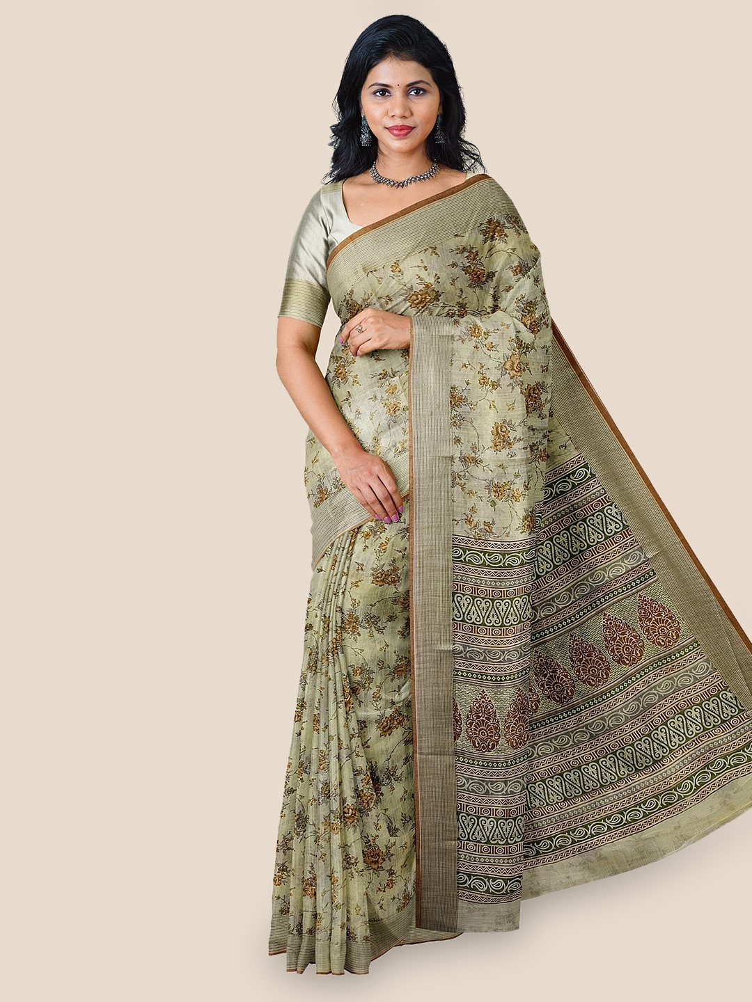 

The Chennai Silks Floral Printed Zari Pure Cotton Saree, Green