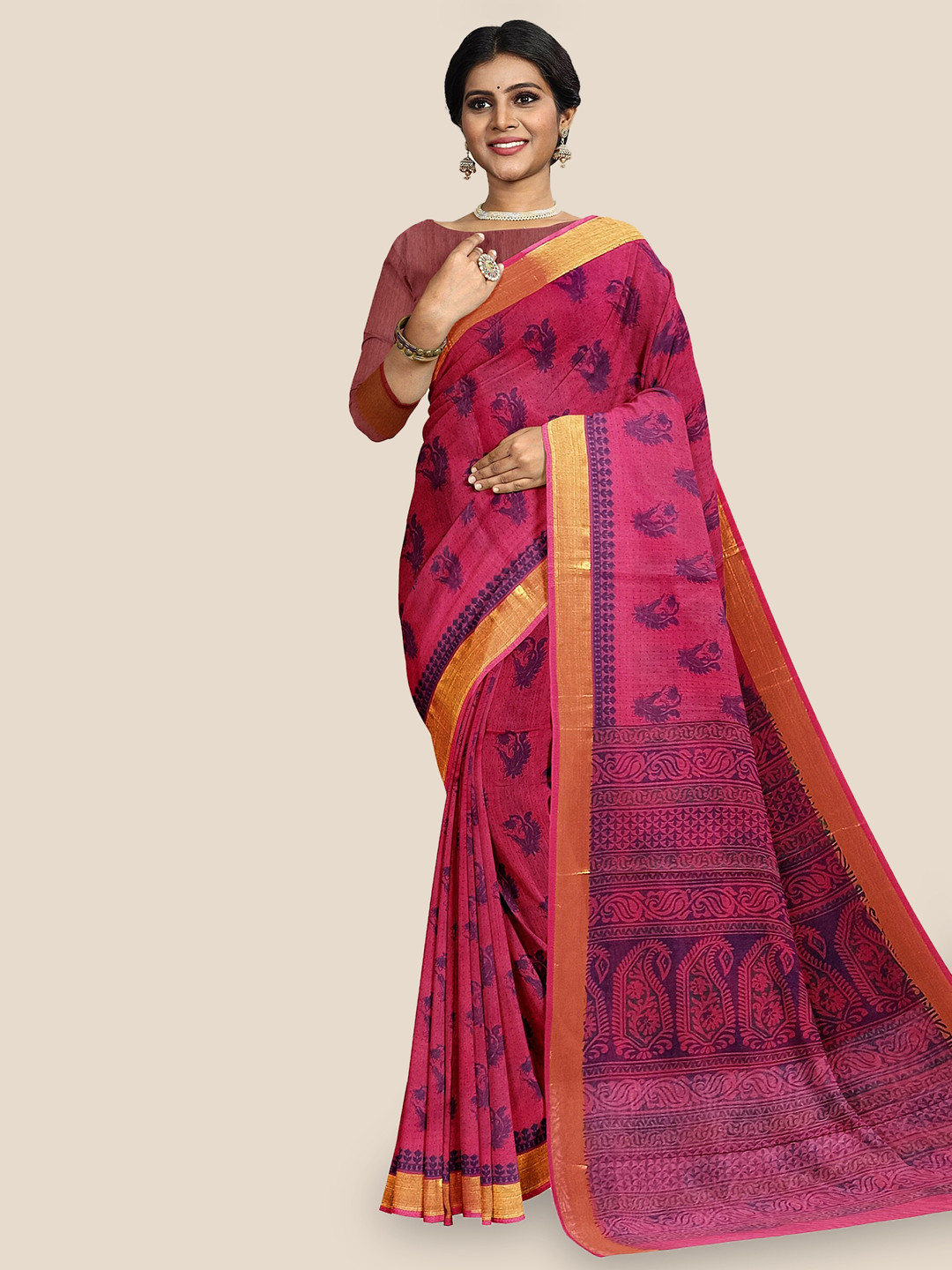 

The Chennai Silks Floral Printed Zari Pure Cotton Saree, Pink