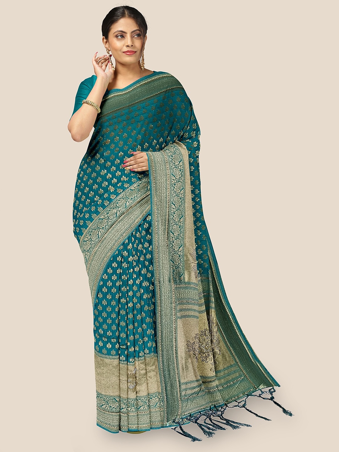 

The Chennai Floral Motif Woven Design Zari Patola Saree, Teal