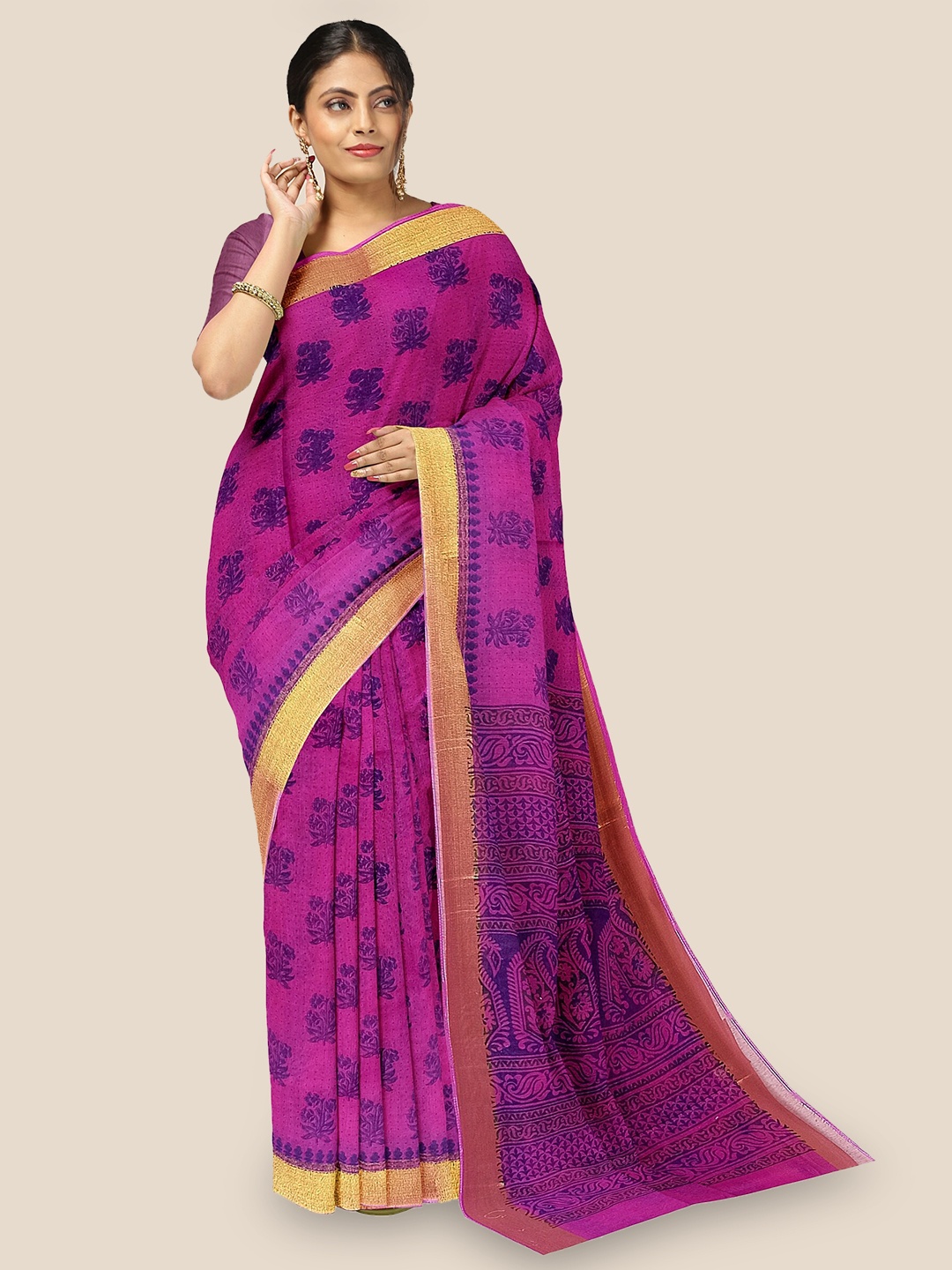 

The Chennai Silks Floral Printed Zari Pure Cotton Saree, Pink