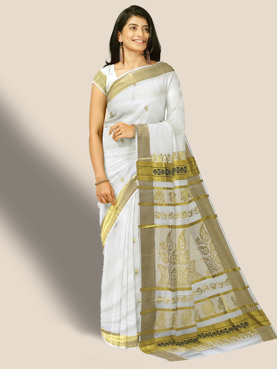 

The Chennai Silks Ethnic Motif Woven Design Zari Pure Cotton Kasavu Saree, Off white