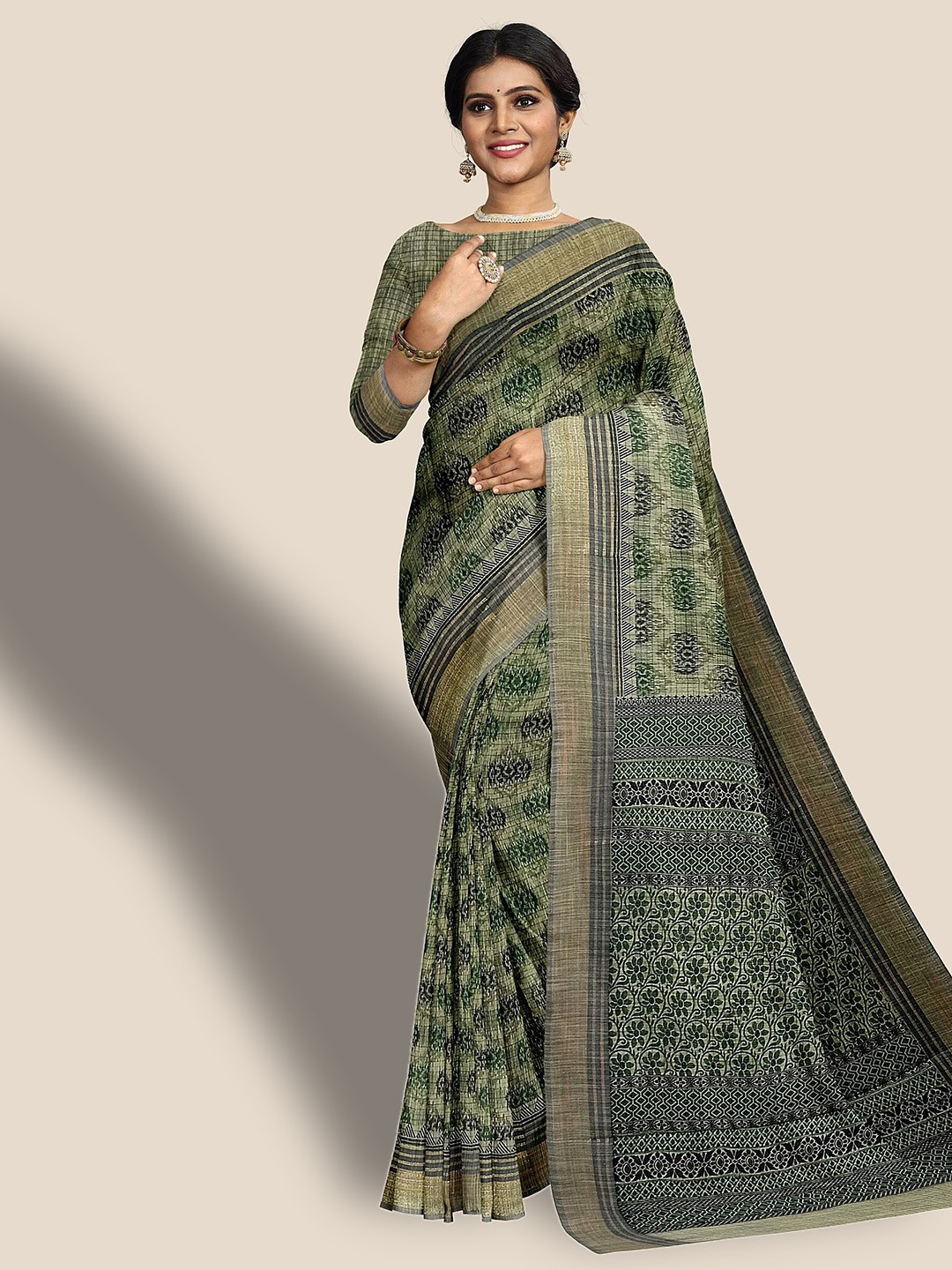 

The Chennai Silks Ethnic Motif Printed Zari Pure Cotton Saree, Green