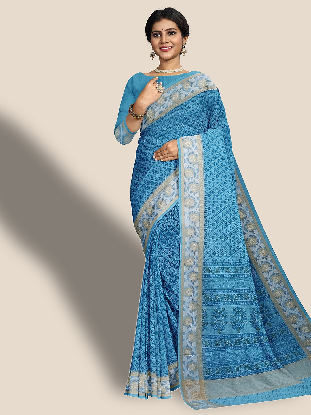 

The Chennai Silks Floral Printed Supernet Manipur Kota Saree, Blue