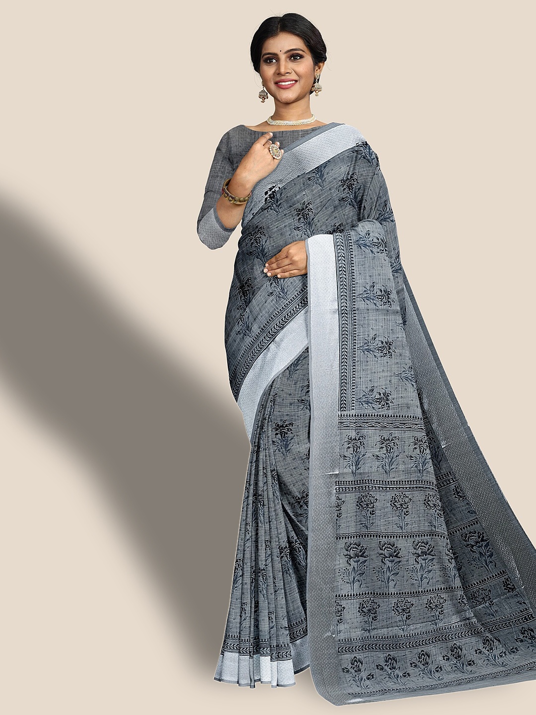 

The Chennai Silks Floral Printed Pure Cotton Saree, Grey