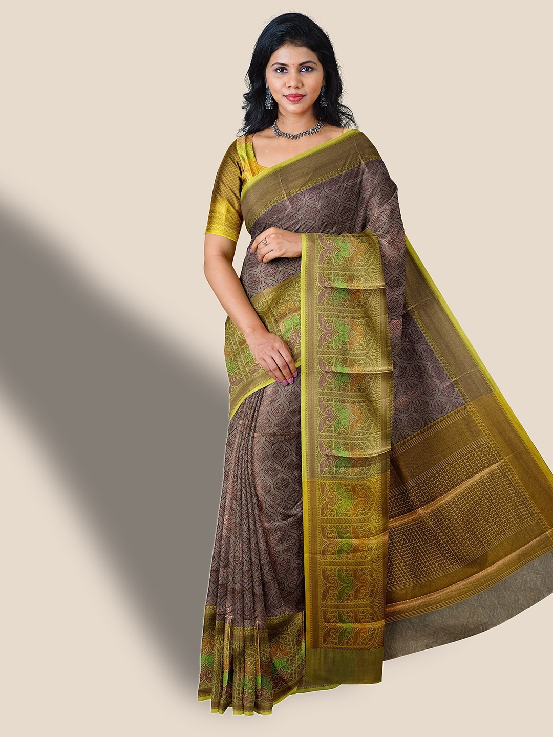 

The Chennai Silks Ethnic Motifs Woven Design Zari Organza Banarasi Saree, Brown