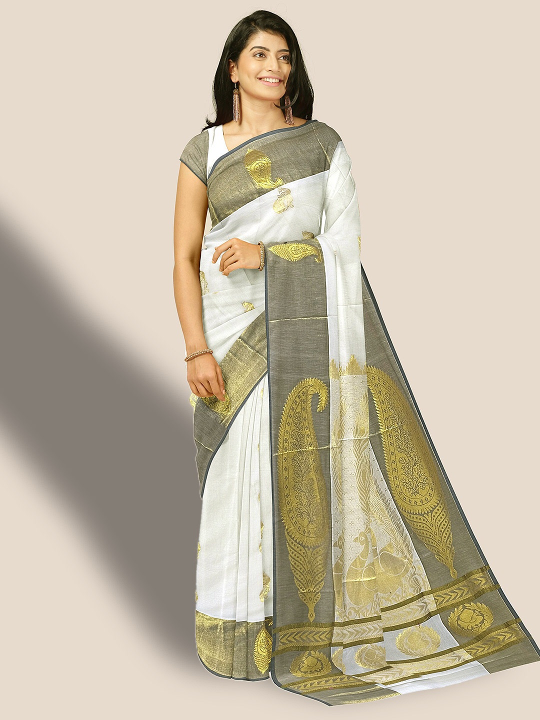 

The Chennai Silks Ethnic Motifs Woven Design Zari Pure Cotton Kasavu Saree, Off white