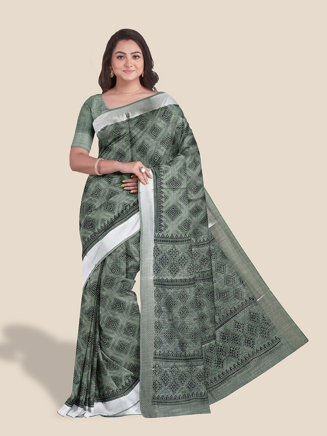 

The Chennai Silks Geometric Motif Printed Pure Cotton Saree, Green