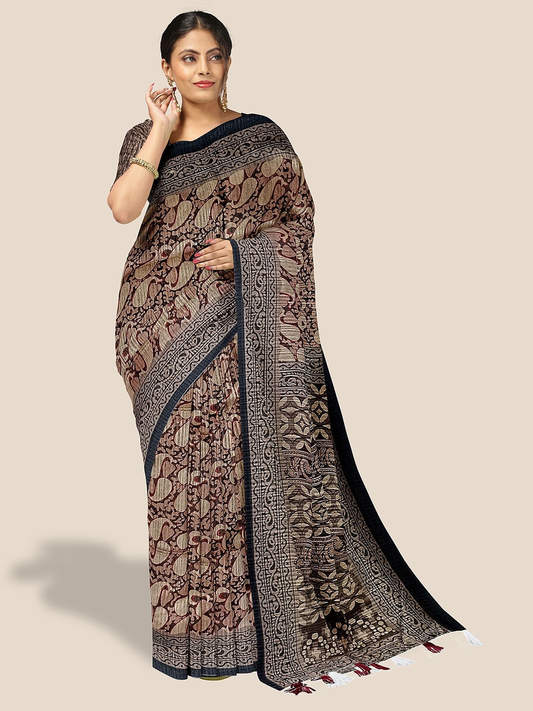 

The Chennai Silks Paisley Printed Bhagalpuri Saree, Brown