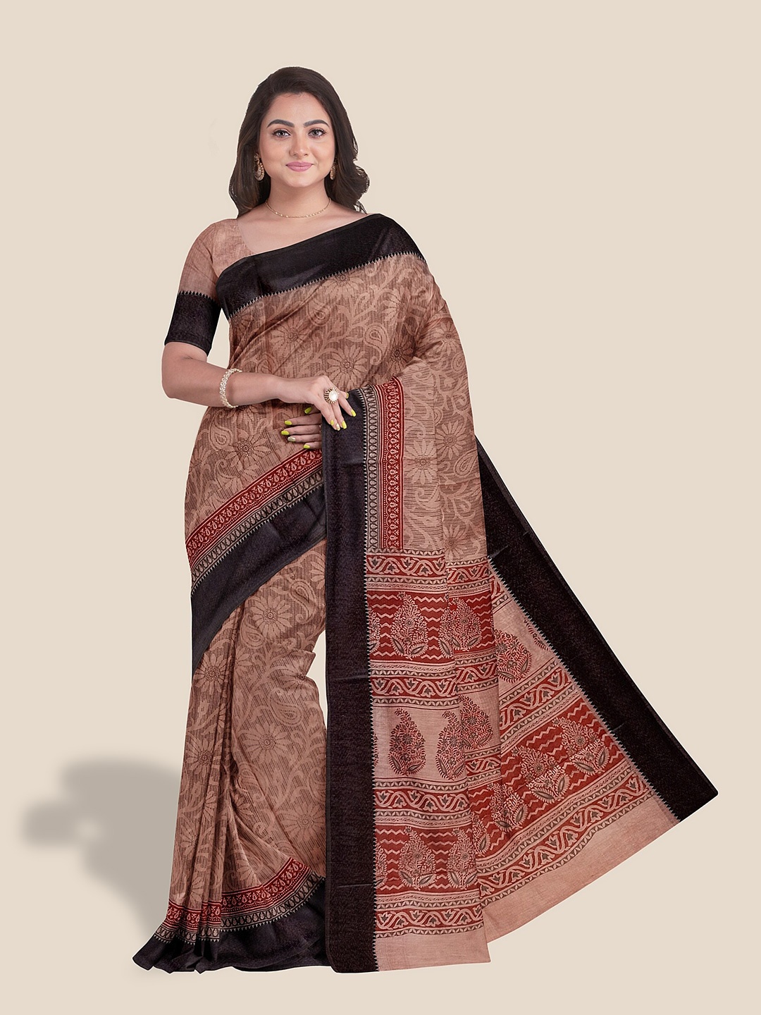 

The Chennai Silks Pink & Black Floral Pure Cotton Saree