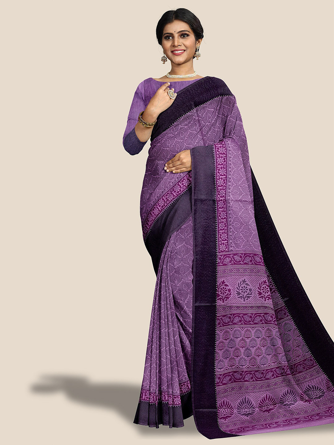 

The Chennai Silks Floral Printed Pure Cotton Saree, Lavender