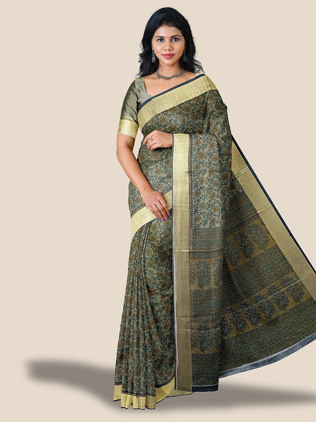 

The Chennai Silks Floral Printed Pure Cotton Saree, Green