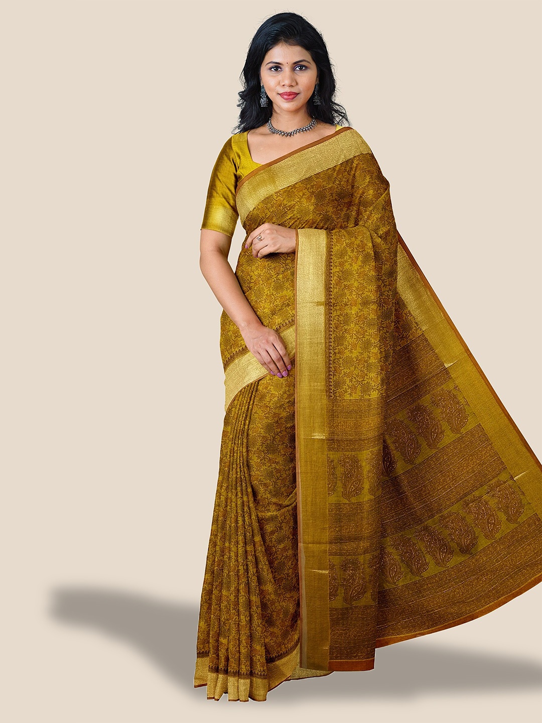 

The Chennai Silks Floral Printed Zari Pure Cotton Saree, Mustard