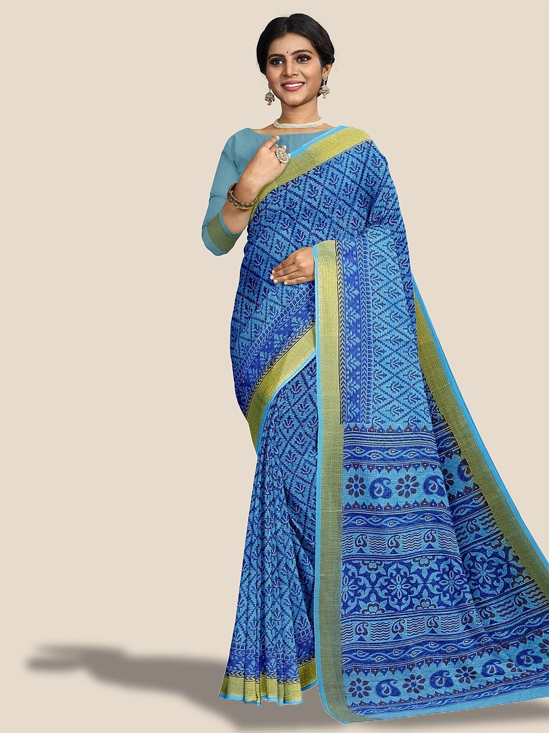 

The Chennai Silks Ethnic Motif Printed Zari Pure Cotton Saree, Blue