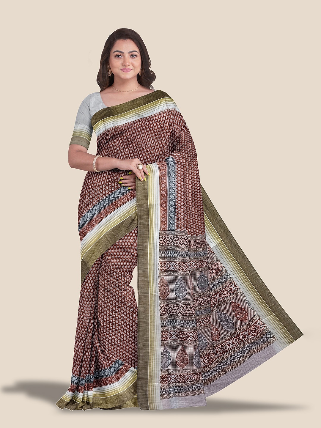 

The Chennai Silks Ethnic Motif Printed Zari Pure Cotton Saree, Maroon