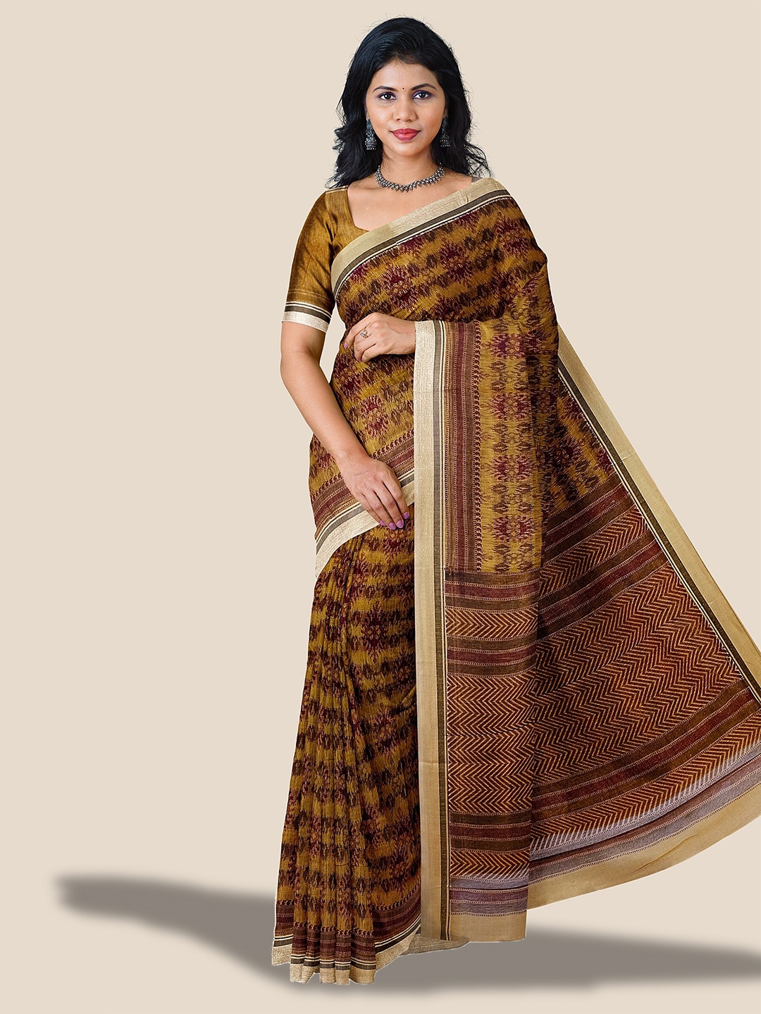 

The Chennai Silks Ethnic Motifs Printed Pure Cotton Saree, Mustard